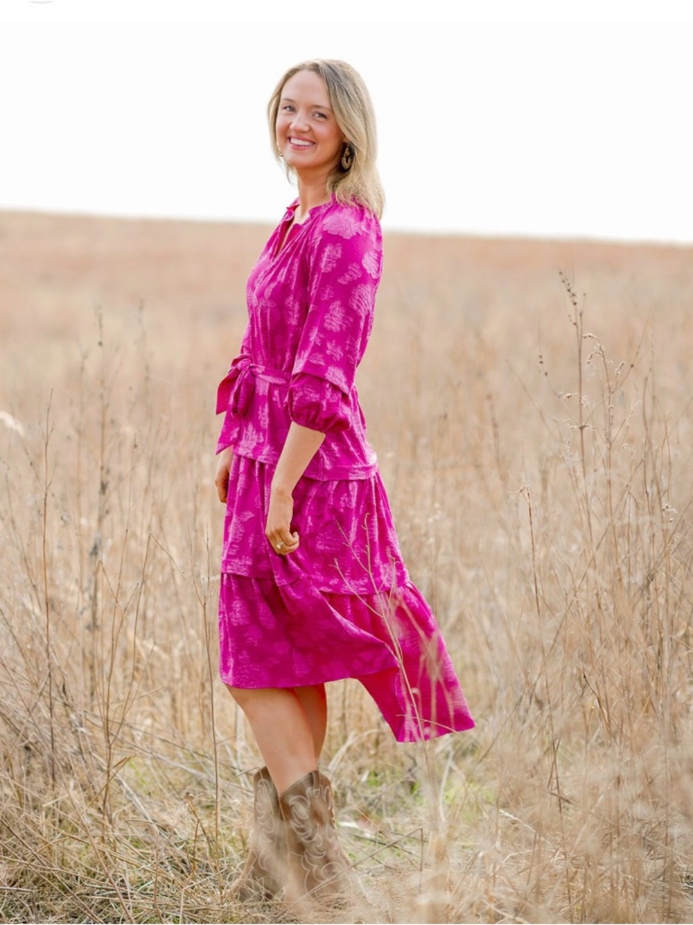 The Pioneer Women Festive
Fuchsia 3/4 sleeve Tiered Ruffle midi dress